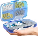 Travel Pill Organizer - Airtight Medicine Case for Traveling Portable Pharmacy Box with Labels Vitamin Container 8 Compartment Supplement Medication Holder Large Capacity Daily (Blue)