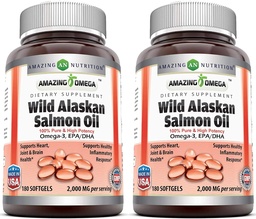 Amazing Omega Wild Alaskan Salmon Oil 2000mg Per Serving Softgels Supplement (180 | 2 Pack)