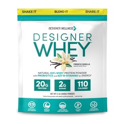 Designer Wellness, Designer Whey, poudre naturelle de protéines de Whey avec probiotiques, fibre et clés B-vitamines pour l'énergie, sans gluten, Vanille française, 2 lb