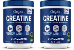 Orgaine Creatine Monohydrate Poudre micronisée, 100 portions, décolorées, soutient la croissance musculaire, la récupération post-entraînement et la santé cérébrale, Pas d'additifs artificiels, pour les hommes et les femmes, Vegan, (paquet de 2)