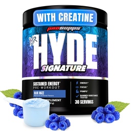 ProSupps M. Hyde Signature Poudre de préentraînement avec Créatine, Beta Alanine & Caféine - Performance, énergie et endurance - Suppléments de fitness et de gym pour hommes et femmes (Razz bleu, 30 portions)