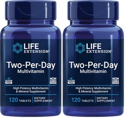 Prolongation de la durée de vie Deux fois par jour, supplément multivitamines et minéraux - vitamines, minéraux, extraits végétaux, quercetine, folate 5-MTHF et plus - sans gluten - non-OGM - 120 comprimés (paquet de 2)