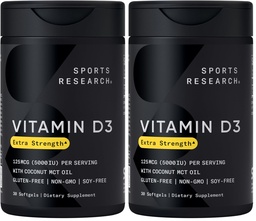 Sports Research Vitamin D3 5000 IU with Coconut MCT Oil - Extra Strength Vitamin D Supplement - Non-GMO Verified, Gluten & Soy Free – 125mcg, 30 Liquid Softgels (Pack of 2)