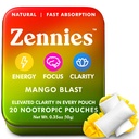 Zennies Koffein Nootropic Beutel mit Alpha GPC, L-Tyrosin & L-Theanin, Lion's Mane, Cordyceps, Reishi - Nikotinfrei, kein Zucker oder künstliche Süßstoffe Nootropic Energy Beutel, Mango Blast 1 PK