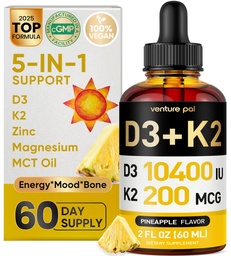Venture Pal 5-in-1 Vitamin D3 10000 IU & K2 as MK-7 200mcg with Magnesium, MCT Oil, Zinc, Sugar-Free Vitamin D Liquid |Maximum Absorption for Bone, Mood & Immune Health - 2 FL OZ, 66 Days