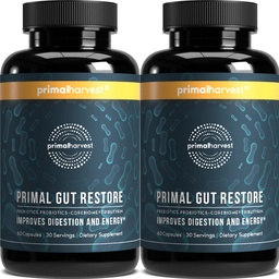 Primal Harvest 2 Pack, Restore for Gut Health, Primal Gut Restore w/POSTbiotics, PREbiotiques et PRObiotiques pour les femmes et les hommes, 60 CT - Digestion, Colon Cleanse, aide à la réparation de Gut maigre