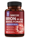 Iron Supplement for Women & Men, 65mg Ferrous Bisglycinate Chelate, Slow Release Iron with Vitamins A C E B6, B12, Folate, Organic Spinach & Beet Root Powder, for Blood Flow & Energy Support, 90 Caps
