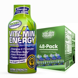 Vitamin Energy Focus+ Extra Strength Energy Shot Blue Raspberry 48 Pack, 260mg Natural Caffeine, B-Vitamins, CoQ10, Amino Acids, Focus, Productivity & Clarity, Zero Sugar, Gluten-Free, 1.93 fl oz