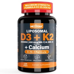 Vitamine D3 20,000 UI + Vitamine K2( MK7 )200mcg - Vitamine optimale D3 & K2 Softgel - Bons et muscles forts, Absorption de calcium et soutien immunitaire, aide aux carences en vitamine D, facile à avaler, non OGM