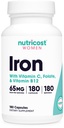Nutricost Iron for Women 65mg, 180 Capsules, with Vitamin C, Folate, & Vitamin B12 - Vegetarian Friendly, Non-GMO, Gluten Free