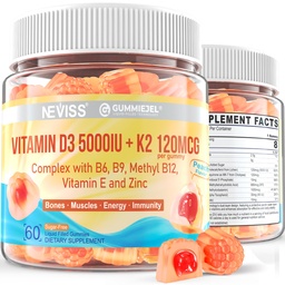 Vitamine D3 5000IU + K2 (MK-7) 120mcg, Vitamine sans sucre D3 K2 Gummées remplies avec complexe de vitamine B - méthyl B12, B9, B6= Vitamine E & zinc, huile MCT - soutient la force des os et des dents, Immune, 2PACK