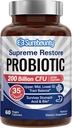 Probiotique pour les hommes et les femmes, 200 milliards CFU 35 souches, prébiotiques + enzymes digestives, Supreme Restore Probiotic Supplement, Upper, Mid, Lower GI Tract Balance, 60 capsules de légumes, 1 mois