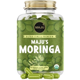 Maju Superfoods Capsules de Moringa Biologique, Feuille d'Oleifera, Feuilles de Moringa de qualité extra-fine, Feuilles de drumstick séché, Capsules de supplément d'extrait de poudre de Moringa Biologique de la plante (90 ct)