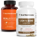 Real Champignons RealBoost (60ct) et Lions Mane (120ct) Capsules Bundle - Supplément Champignon pour l'énergie, la vitalité et la cognition - Énergie et Vitamines cérébrales avec/Cordyceps, Ginseng, Guayusa - Vegan, Non-OGM