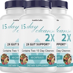 15 Day Cleanse 2X - Double Gut & Colon Support - Advanced Gut Cleanse Detox for Women & Men with Alfalfa, Cascara Sagrada, Probiotics & Psyllium Husk - Non-GMO - Made in USA - 60 Capsules (3 Bottles)