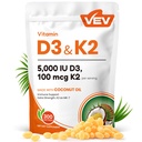 VEV Corefeel Vitamin D3 K2, 5000 IU D3 100mcg K2 (MK 7), 300 Softgels, 2-in-1 Vitamin D & K Supplement mit Kokosöl, unterstützt Kalziumabsorption und Knochengesundheit, leicht zu schlucken