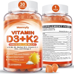 Vitamine D3 K2 Gommies pour adultes - Vitamine D3 5000IU + K2 (MK-7) 120mcg - Suppléments sans sucre D3 et K2 avec Oméga-3, méthyl B12, B9, B6, Vitamines E et zinc - pour l'absorption de calcium et la santé immunitaire