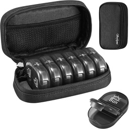 Serfeymi Weekly Travel Pill Organizer 2 fois par jour AM PM Upgraded Black Pill Box 7 Day with Portable Zipper Canvas Pill Case, organisateur de médicaments pour les pilules, vitamines, suppléments, huiles de poisson - Noir 01