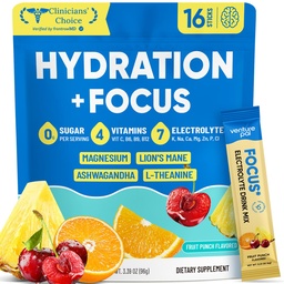 Venture Pal 2-in-1 Hydration Packets + Focus Support Electrolytes Powder, 7 Electrolytes + Vitamins, Magnesium, Lion's Mane & L-Theanine | Sugar Free Liquid Daily IV Drink Mix, Vegan, Keto, 16 Sticks
