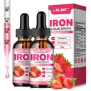 Supplément en fer liquide pour femmes hommes et enfants Multivitamine gouttes de fer avec folate, vitamine C, B6, B12, zinc pour l'anémie, carence en fer, fabricant de sang, énergie - Fraise naturelle saveur, végétalien 4 Fl Oz