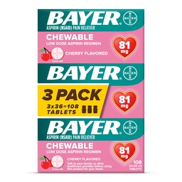 Bayer Aspirin Low Dose 81 mg Chewable Tablets, Pain Reliever, Cherry Flavored, 108 Tablets (36 Pack of 3)