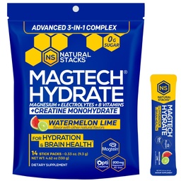 NATURAL STACKS Magtech Magnesium Hydrate + Creatine - Sugar Free Electrolyte Drink - Magtein Magnesium L-Threonate, Glycinate & Taurate - Supports Hydration & Cellular Energy - 14 Hydration Packets