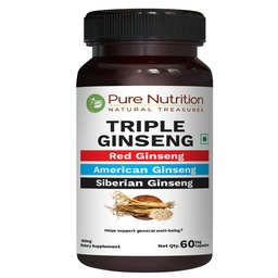 Pure Nutrition Triple Ginseng - une combinaison unique et efficace de Ginseng rouge, Ginseng américain et Ginseng sibérien. 790mg par gélule