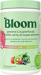 Bloom Nutrition Superfood Greens Poudre, enzymes digestives avec probiotiques et prébiotiques, Gut Health, Bloating Relief pour les femmes, Chlorella, Juice Mix avec la poudre de racine de betterave, 25 SVG, Strawberry Kiwi