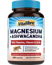 Vitalibre Magnesium Complex with Ashwagandha & L-Theanine - Stress Relief, Bone & Relaxation Support - w/Vitamin D3, B6 - Glycinate, Citrate, Malate, Taurate - 180 Vegan Capsules, Non-GMO, Gluten free