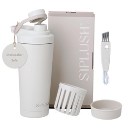 Paradise Shaker Bottle 24 oz, Insulated Stainless Steel Protein Shaker, Dishwasher Safe, with Lid Brush & Protective Boot, Leakproof Twist-Off Chug Cap, Warm Gray, Joshua Dusk