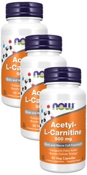 NOW Supplements, Acetyl-L Carnitine 500 mg, Amino Acid, Brain and Nerve Cell Function*, 50 Veg Capsules (Pack of 3)