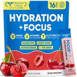 Venture Pal 2-in-1 Hydration Packets + Focus Support Electrolytes Powder, 7 Electrolytes + Vitamins, Magnesium, Lion's Mane & L-Theanine | Sugar Free Liquid Daily IV Drink Mix, Vegan, Keto, 16 Sticks