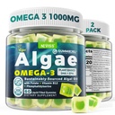 2 Pack Algae Omega 3 Gommies 1000mg, base végétale DHA 460mg et EPA 230mg, Omega 3 Huile de poisson alternative pour les adultes, plus le molate de méthyle, vitamine B12, Phosphatidylsérine, Pas de goût de poisson, végétalien, sans sucre