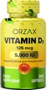 ORZAX Vitamine D3 5000 iu (125 mcg) – Non-OGM, sans gluten, sans sucre, sans lait – 1 an d'approvisionnement pour la fonction musculaire forte et le soutien immunitaire – supplément d'humeur pour le bien-être (360 Softgel)
