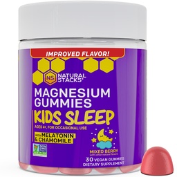 Natural Stacks Kids Sleep Magnesium Gummies with Melatonin - 100mg Magnesium Citrate - Melatonin Gummies for Sleep Quality - Nighttime Aid for Kids with Chamomile - 30 Mixed Berry Chewables