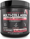 Poudre de protéines multicollagènes premium (1, 2, 3, 5 et 10) avec vitamine C, biotine, acide hyaluronique, pour peau et ongles de cheveux - Marine, Bovin, Poulet et coquille d'oeuf (Strawberry, 45 portions)