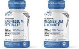 Nature's Fusions Nutri Pure Magnesium Glycinate 3680mg - (Provides 480mg Elemental Magnesium), Chelated for High Absorption, Non-Buffered for Maximum Potency, 120 Capsules (Pack of 2)
