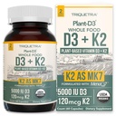 Bio-Pflanze D3 + K2 | 5000 iu D3 + 120 mcg K2 als All-Trans MK7 von MenaQ7® - 100% Ganzes Essen, Raw & Vegan | Verbesserte Verdauung mit Prebiotic & Superfood Complex – D3 von Algae (60 Count)