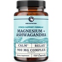 Magnésium Ashwagandha , Supplément de magnésium calmant pour les adultes , Relax , Repos , Calme de l'humeur et soutien du sommeil , Mag Citrate & Oxide 400 mg + Ashwagandha 500 mg , Santé musculaire et soulagement du stress , 120 Ct