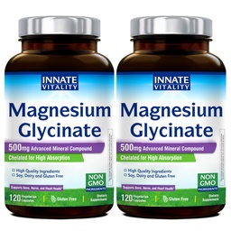 Innate Vitality Magnesium Glycinate 500mg | 70mg Elemental Magnesium Supplement - High Absorption, Non Buffered, Non-GMO & No Gluten - Vegan - Nerve Health - 120 Capsules (Pack of 2)