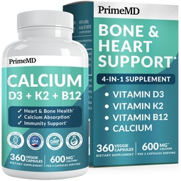 4-in-1 Calcium Supplements for Women & Men - Calcium Citrate with D3 K2 Vitamin 5000 IU - Calcium 600mg with Vitamin D3 K2 - Everyday Vitality Supplement - Vegan-Friendly, Gluten-Free (360 Capsules)