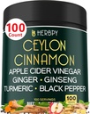 6en1 Premium Ceylan Cinnamon Supplement Plus vinaigre de cidre de pomme, curcuma, gingembre, ginseng - Gestion du poids, digestion - 100 capsules végétaliennes