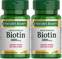 Nature's Bounty Biotin, Supports Metabolism for Cellular Energy and Healthy Hair, Skin, and Nails, 5000 mcg, 60 Quick Dissolve Tablets, (Pack of 2)