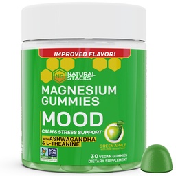 Mood Magnesium Gummies - 200mg Magnesium Citrate & 125mg Sensoril Ashwagandha Gummies - with L Theanine for Calm & Stress Support - Mag Citrate and Ashwagandha Supplement - 30 Green Apple Chewables