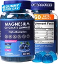 Blueberry Flavor Magnesium Glycinate Gummies 400mg – High Absorption Supplement for Adults and Kids, Sugar Free, Gelatin Free, Vegan Friendly, 60 Day Supply