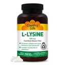 Country Life L-Lysine 500mg avec B-6, soutient la santé immunitaire, favorise le renouvellement du collagène dans les lèvres et la bouche, 250 capsules végétaliennes, certifié sans gluten, certifié végétalien