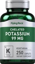 Piping Rock Chelat Kaliumergänzung 99mg | 250 Caplets | Kalium Gluconate | Vegetarisch, Non-GMO, Glutenfrei