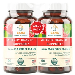 2-Pack | Artery Plaque Maintenance Supplement – Plant-Based Formula for Healthy Cholesterol Levels and Blood Circulation | with Hawthorn, Arjuna & Ginger | 90 Capsules | Sana Cardio Care
