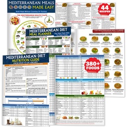 Nonlae 3 Mediterranean Diet Charts - Food List, Easy Meal Plan & Recipes, Beginner Guide with Serving Sizes, Net Carbs, Calories, Mediterranean Diet for Weight Loss, Diabetes - Friendly, Heart Health
