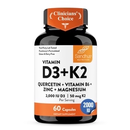 Vitamin D3 K2 2000 IU 120mcg Magnesium Zinc B6 Quercetin Capsules 60 Count | 6-in-1 D3+K2 Supplements Supports Immune, Energy And Muscle Health, Gluten-Free, 2-Month Supply, USA Made by Sandhu's